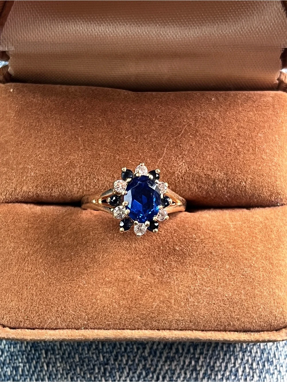 Blue Sapphire Halo Ring in Yellow Gold